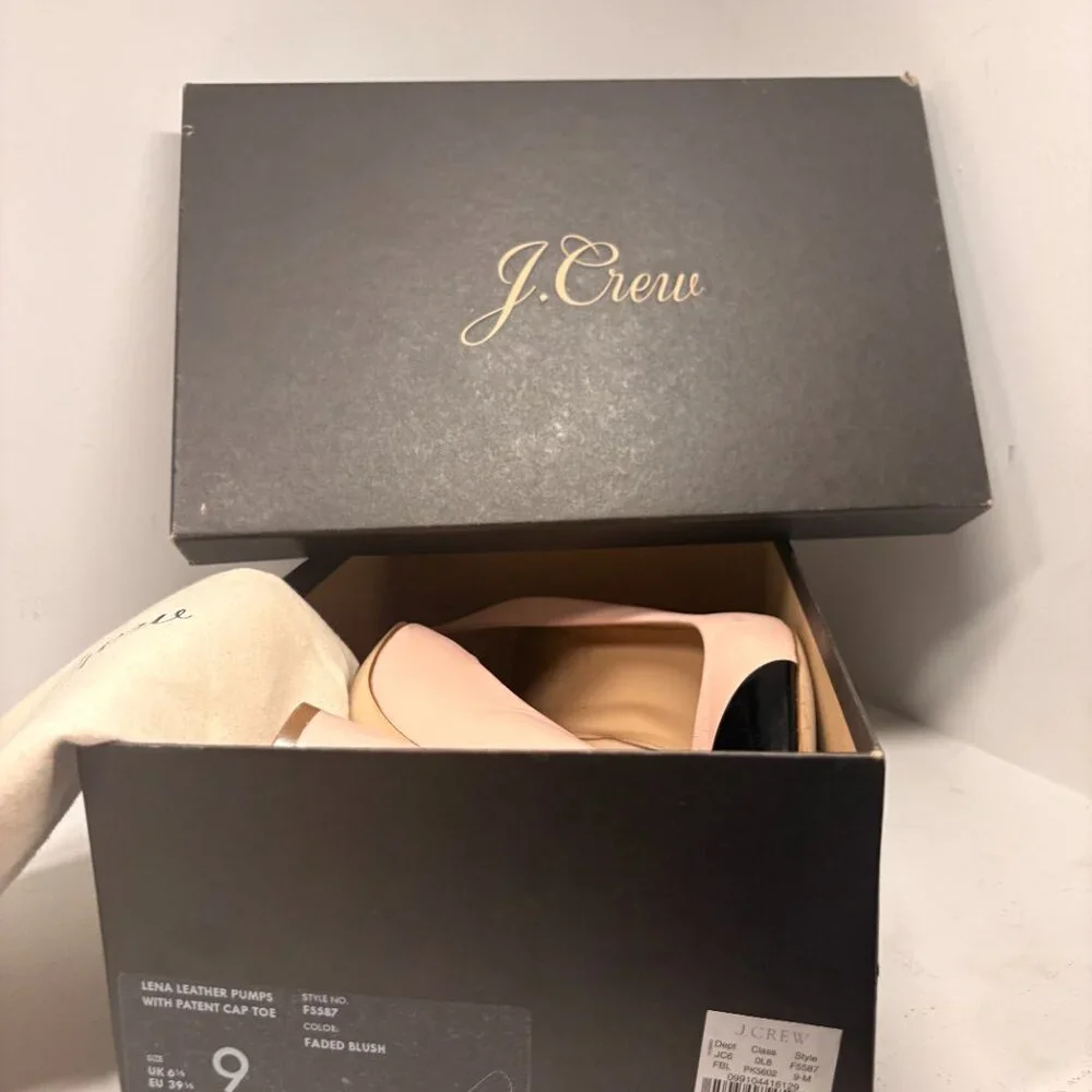 J. Crew Pink Leather Block‎ Heel Pumps with Black Cap Toe
